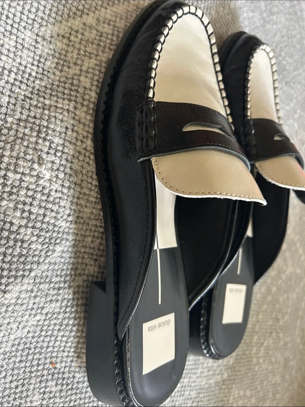 Dolce Vita Black and Cream Leather Penny Loafer Mules